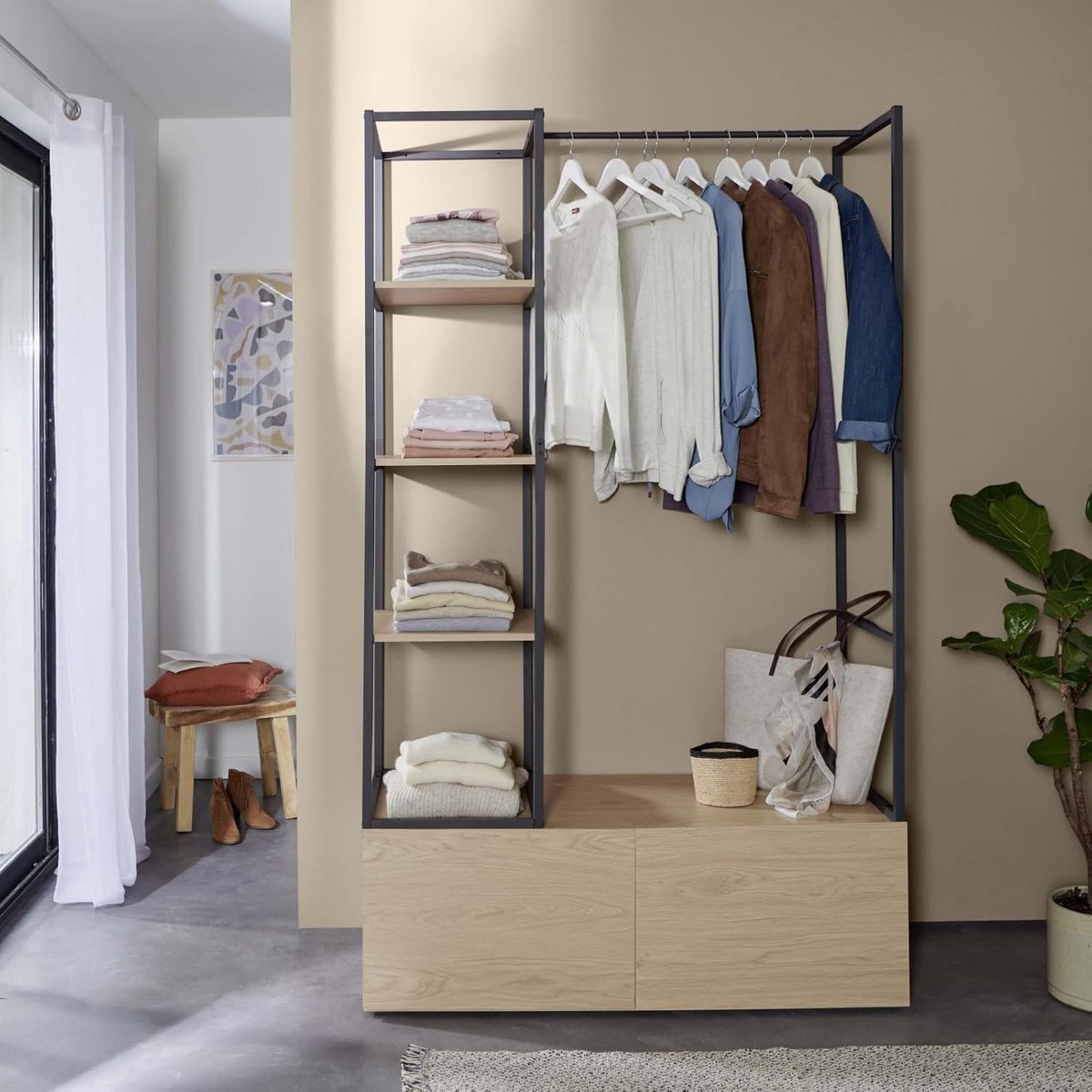 Modulaire Kledingkast Hout en Metaal met 4 Planken en Garderobestang