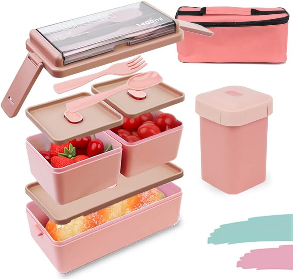 Grote Stapelbare Lunchbox met Bestek en Vier Delen voor Meal Prep