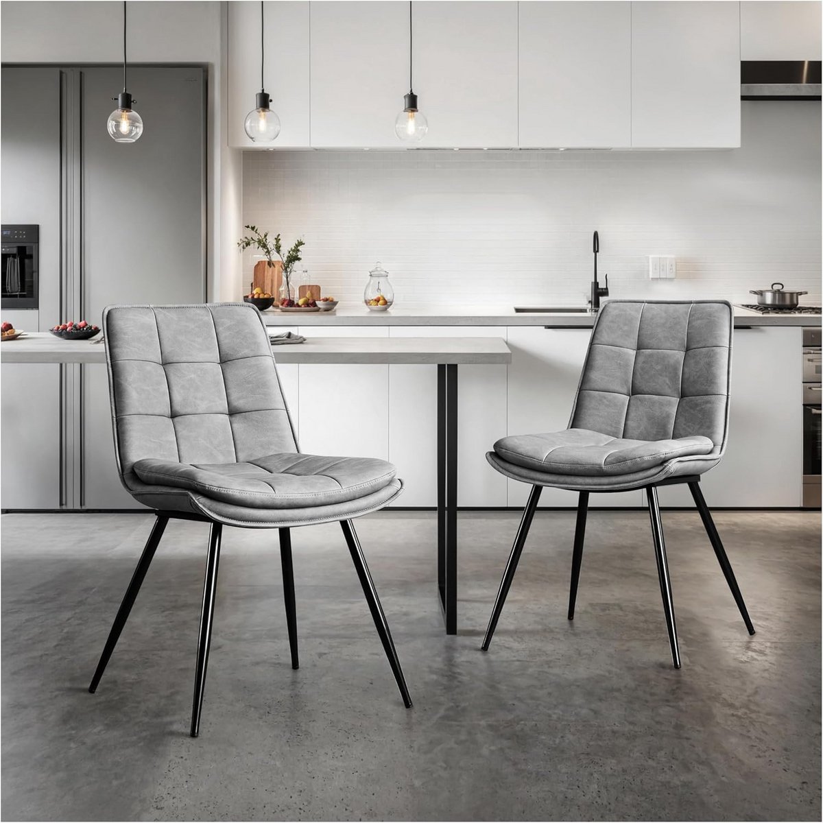 Set van 2 Eetkamerstoelen Grijs - Comfortabele Microvezel Keukenstoelen met Stiksels