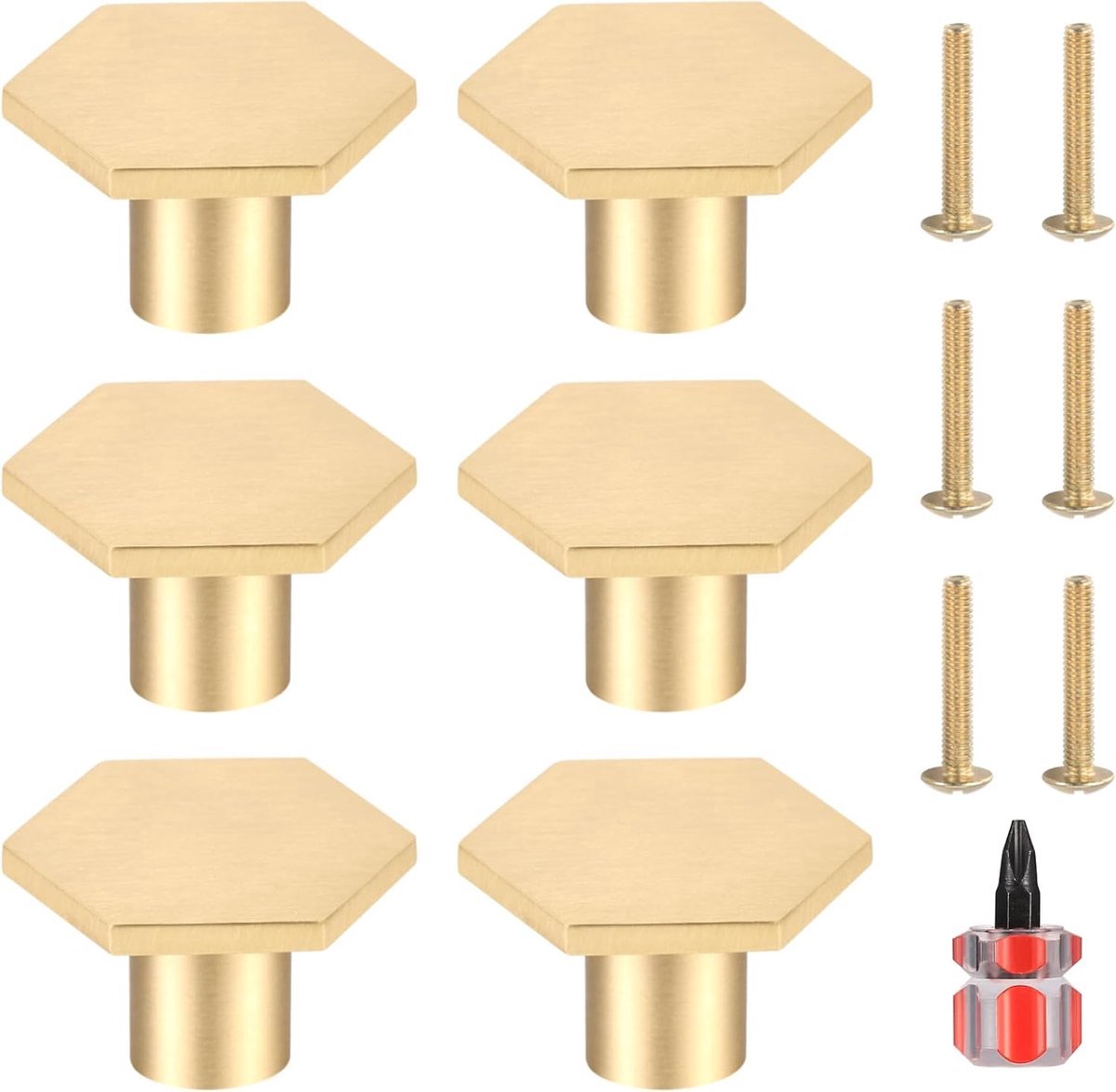Stunq® Set van 6 Luxe Hexagon Meubelknoppen in Messing Met Schroevendraaier, Vintage Gouden Handvatten