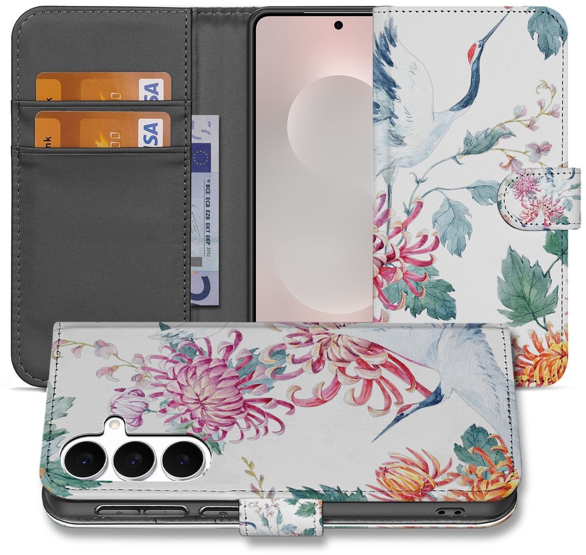 Samsung Galaxy S25 FE Bookcase Hoesje Met Pasjes Bird Flowers Print