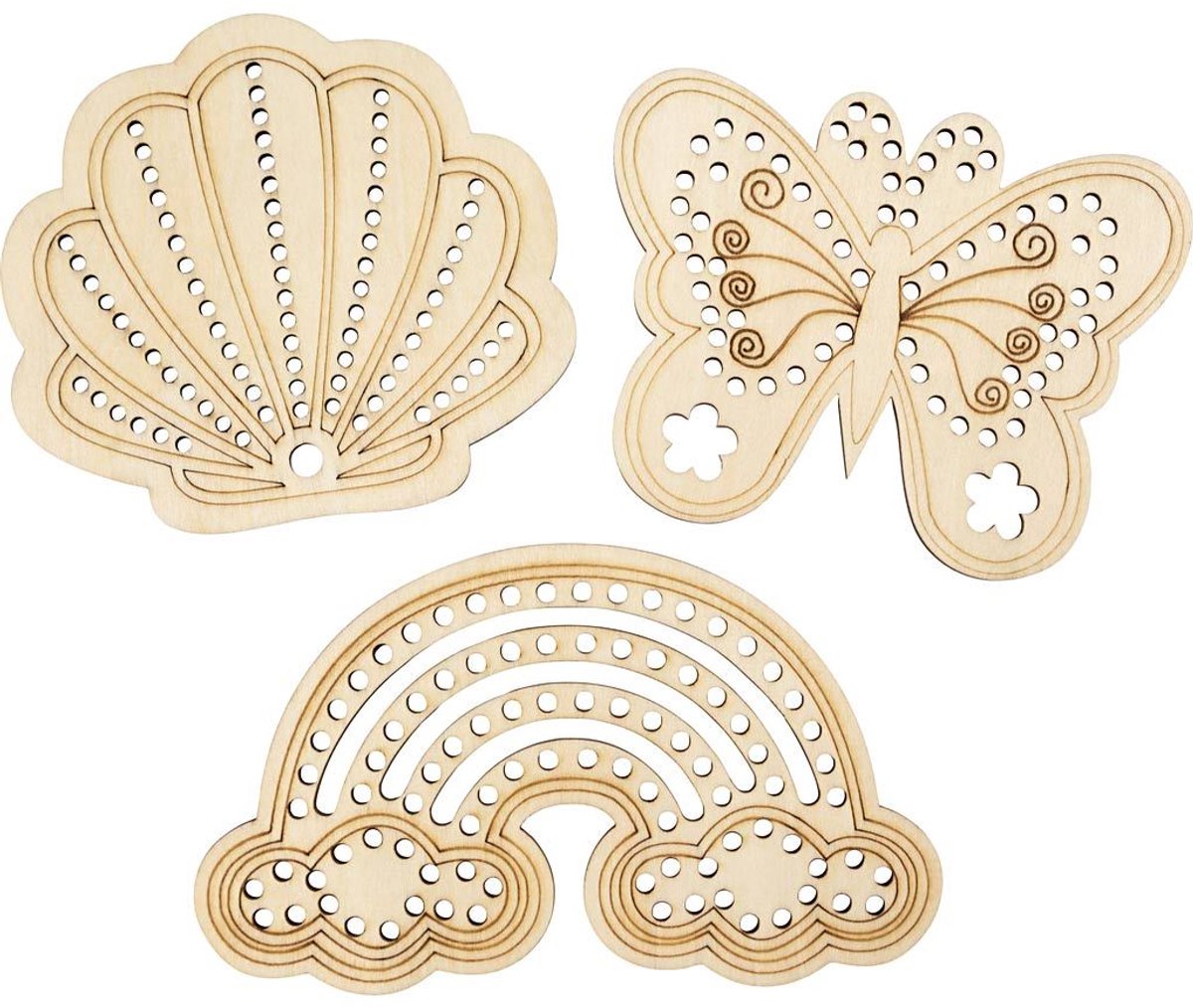 CC Houten Vorm met Gaten Regenboog, Schelp en Vlinder 7,5 x 13 cm 6 stuks