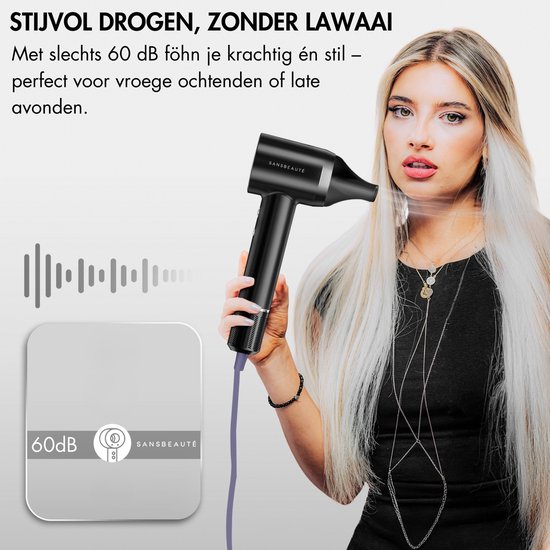 Sansbeauté® Föhn met Diffuser - Krullen - 110.000RPM - Ionische Haardroger met Borstel - 3 Standen - 3 Opzetstukken - Reisföhn - Sèche Cheveux - Krul Feun Set - Haarföhn met Defuser - Hair Blow Dryer - Kappersfohn - 2000W