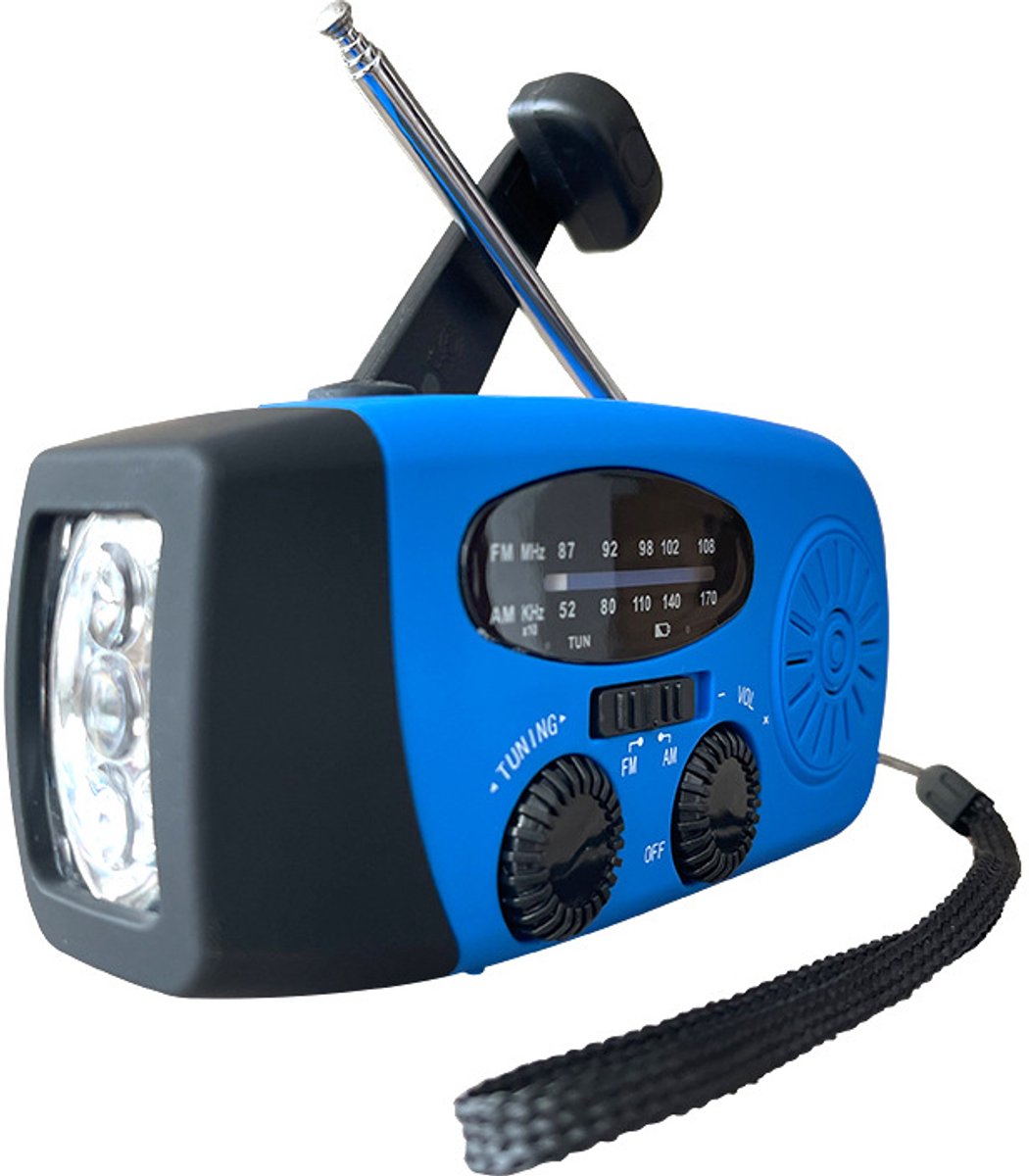 Radio - Noodradio - Noodradio solar opwindbaar - Draagbare radio - Alarm en rampenpreventie - Met noodverlichting - 2000mah - ABS - Blauw