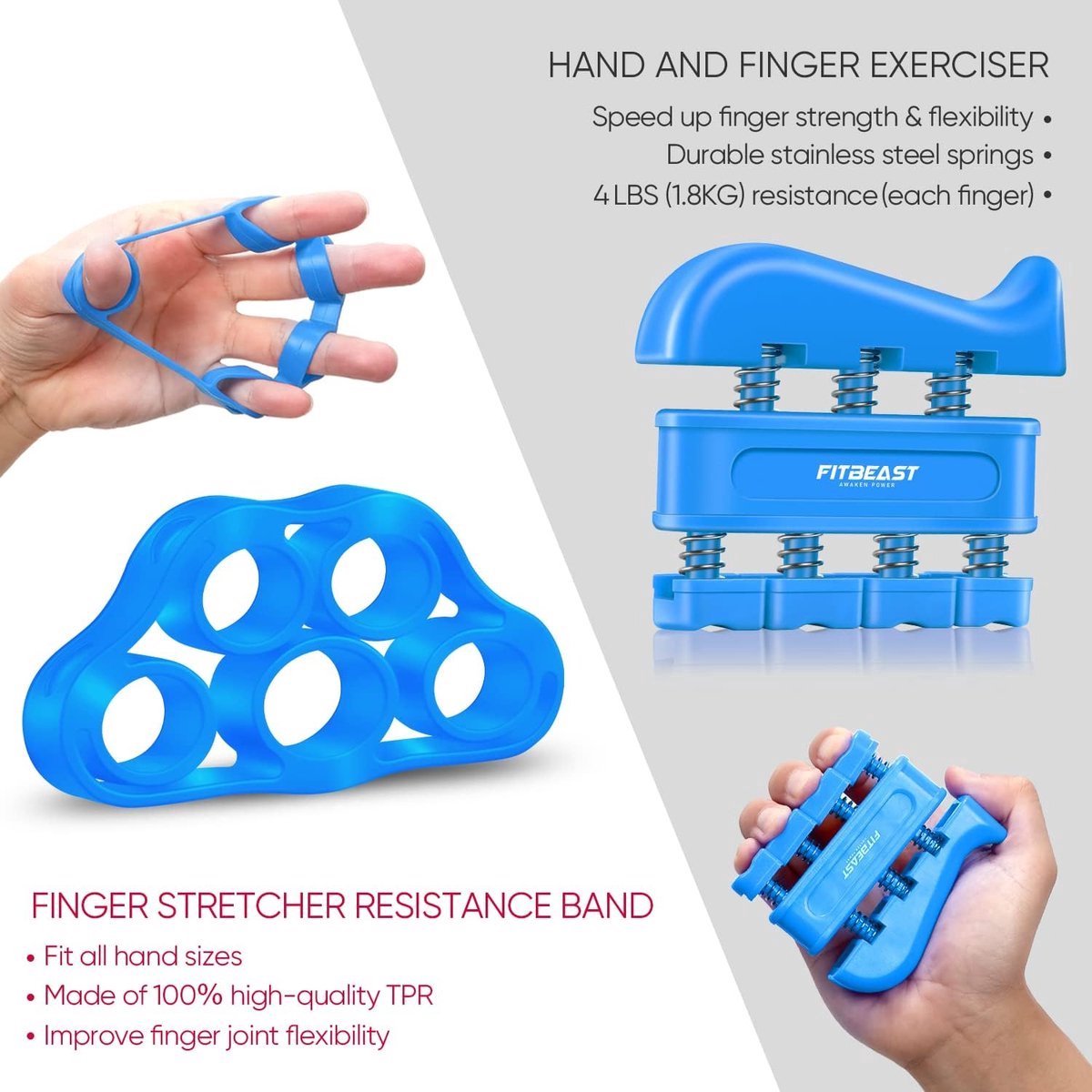 Stunq® handtrainer vingertrainer, gripkrachttrainer trainingsset - 5 stuks, verstelbare griptrainer, vingertrainingsapparaat, polstrainer, trainingsring en anti-stress gripbal