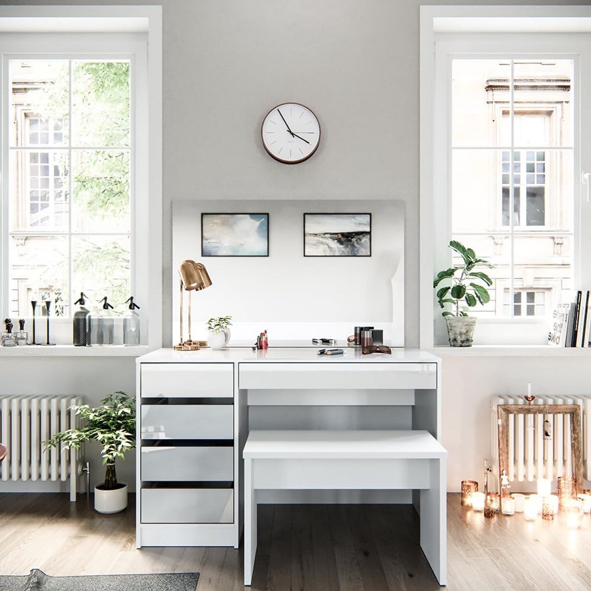 Opbergmake-uptafel Wit Hoogglans met Spiegel en 5 Lades