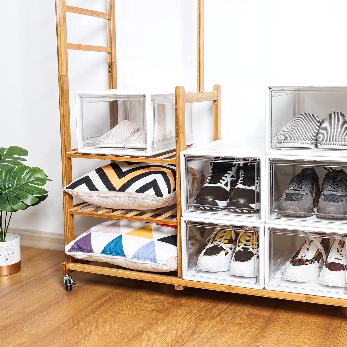 Stunq® Schoenendoos, set van 3, stapelbare schoenenorganizer, plastic doos met transparante deur, schoenenopberger, 37 x 25,5 x 20 cm, voor schoenen tot maat 48, super transparant wit