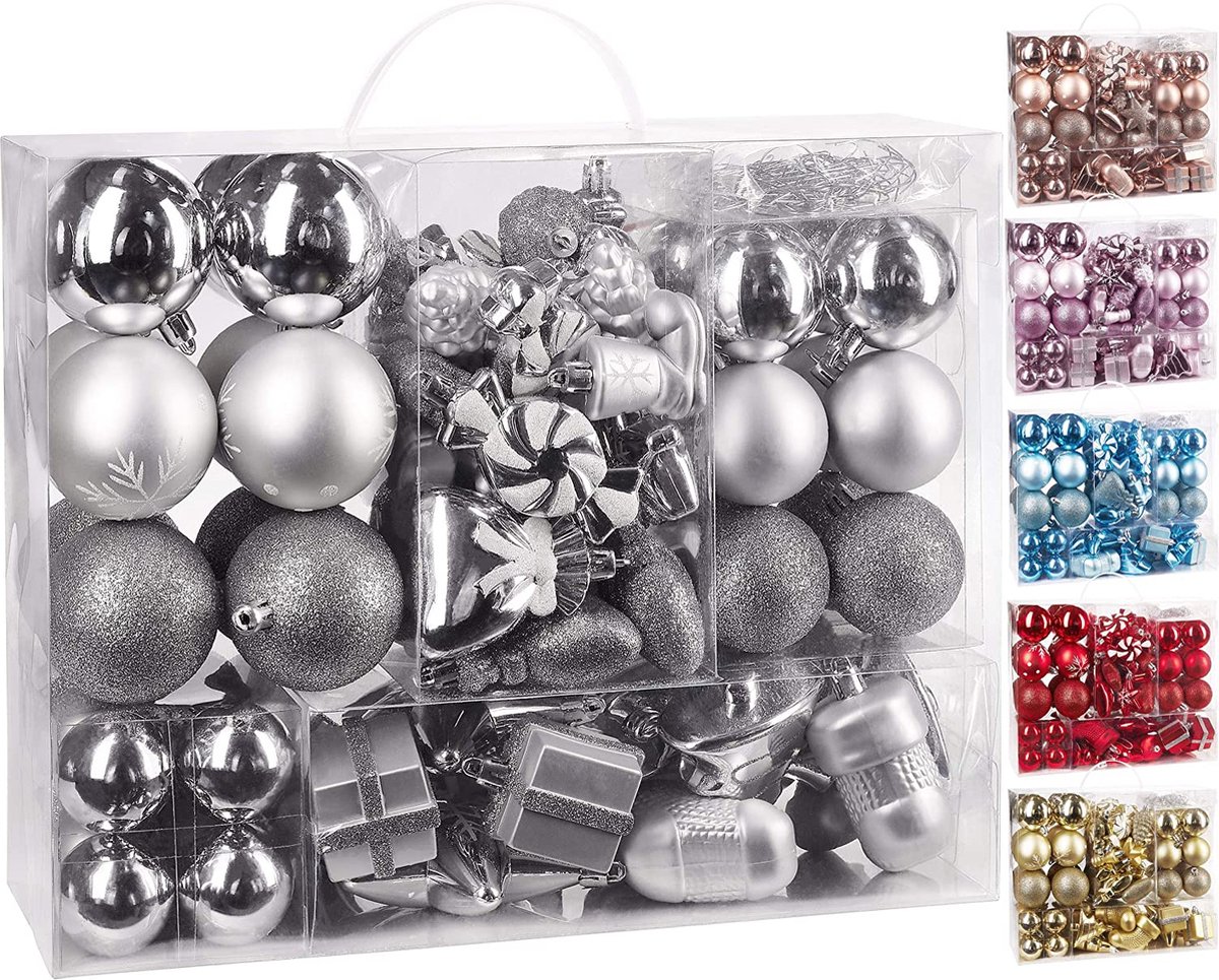 BRUBAKER Kerstballen 77-Delige Set - Kerstboomdecoraties met Ballen Sterren Laarzen Dennenappels Verpakkingen - Plastic - Zilver