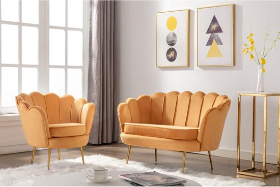 Set canapé deux places et fauteuil en velours - Jaune moutarde - PISSENLIT L 124 cm x H 78 cm x P 75 cm
