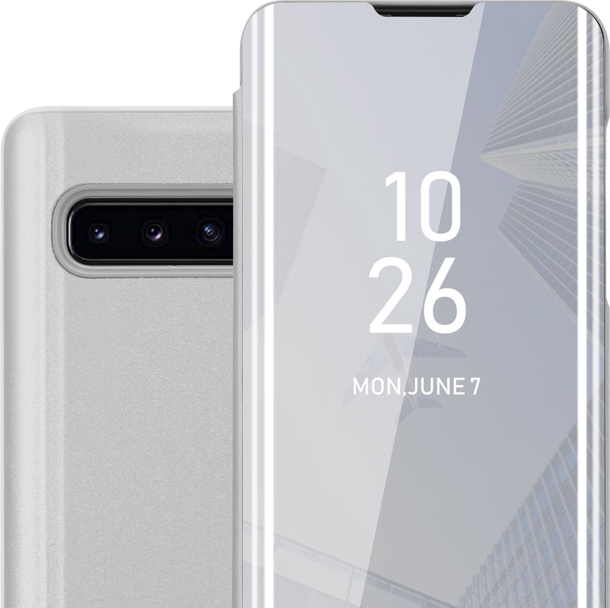 Cadorabo Hoesje geschikt voor Samsung Galaxy S10 PLUS in AGAAT ZILVER - Clear View Spiegel Beschermende Case met Tribunefunctie 360 Graden Bescherming Book Case Cover Etui