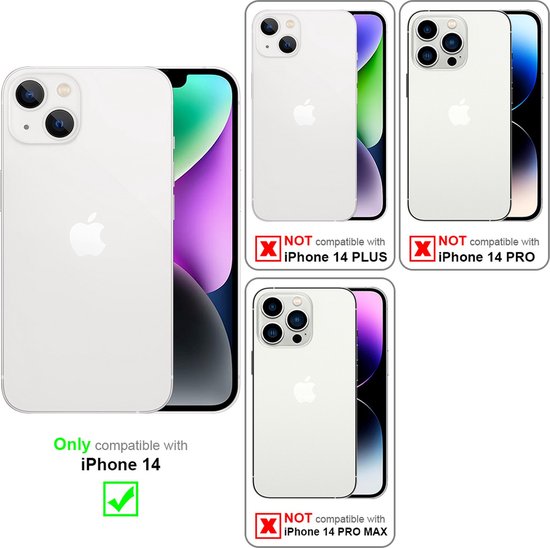 iPhone 14 blanc avec fond violet et vert, montre la compatibilité.