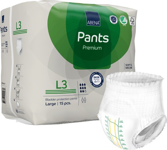 Abena Pants Premium L3 absorberend broekje, maat Large, 15 stuks. Wit met gele lijnen en groene markering.