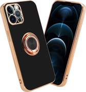 Cadorabo Hoesje geschikt voor Apple iPhone 12 PRO MAX in Glossy Zwart - Goud met ring - Beschermhoes van flexibel TPU-silicone Case Cover met camerabescherming en magnetische autohouder
