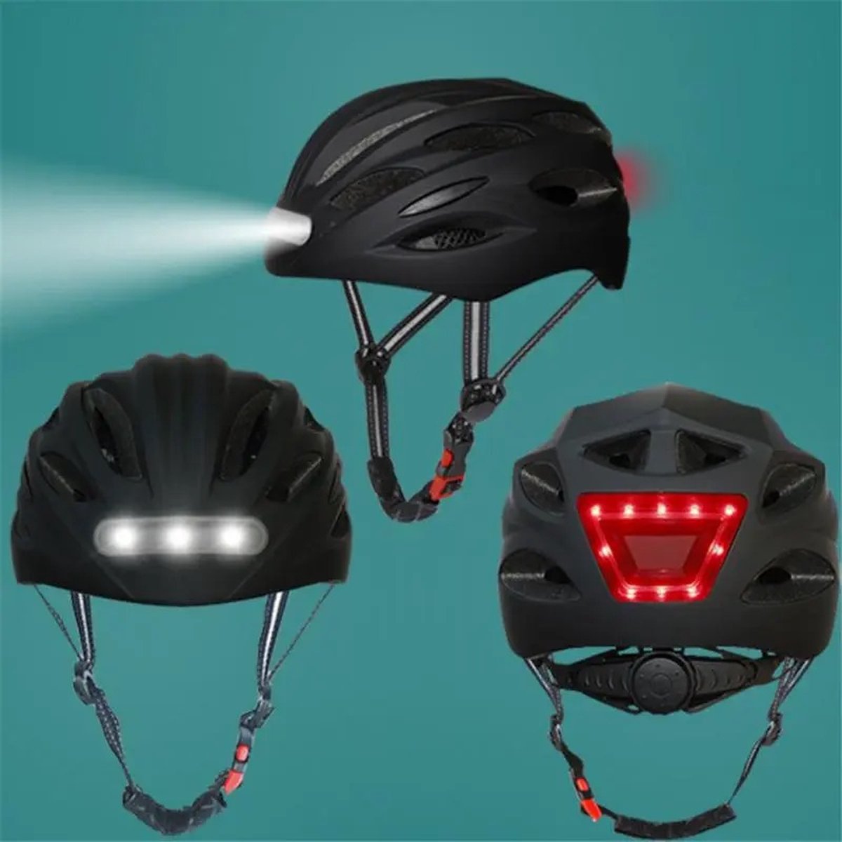 Gudook Fietshelm met ingebouwde LED-verlichting voor - ingebouwde LED-verlichting achter - 58-61 cm verstelbaar - zwart