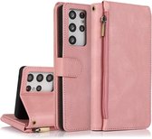 Casemania Hoesje Geschikt voor Samsung Galaxy S22 Ultra Roze - Luxe Portemonnee Book Case met Rits & Extra Vakken
