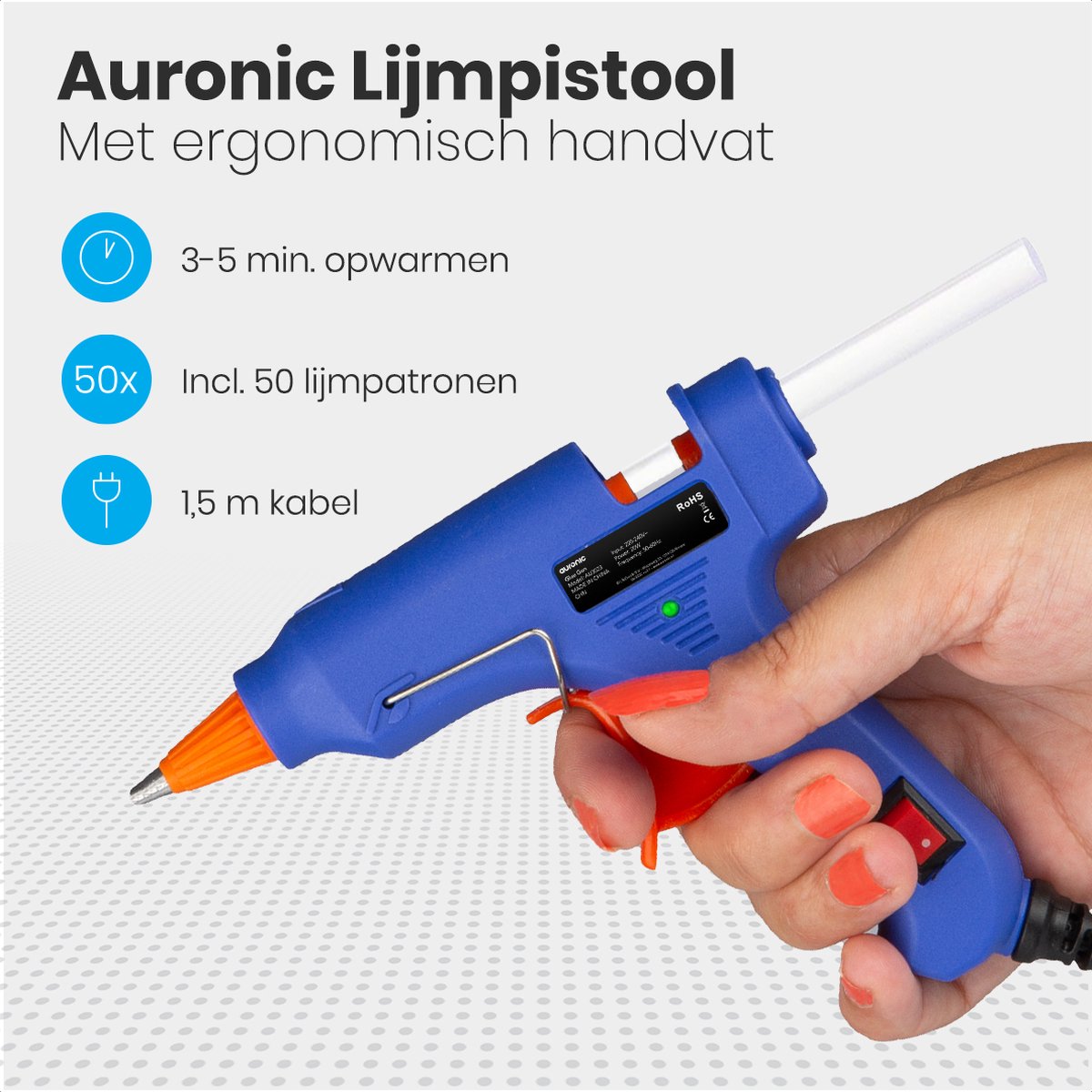 Auronic Lijmpistool met 50 Lijmpatronen - Ø 7 mm Lijmsticks - Glue Gun - Lijm voor Lijmpistool - 20W - Blauw — cadeau in Hobby - foto 2