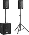 Set van een subwoofer en twee Vonyx luidsprekers, waarvan één op een statief.