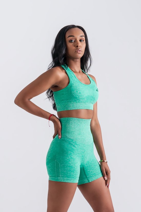 Mives® Sportlegging en Top - Yoga - Fitness set - Scrunch Butt - Dames Legging - Sportkleding - Fashion legging - Broeken - Gym Sports - Legging Fitness Wear - High Waist - GROEN - maat S -SHORT & BRA van Merkloos — afbeelding 2