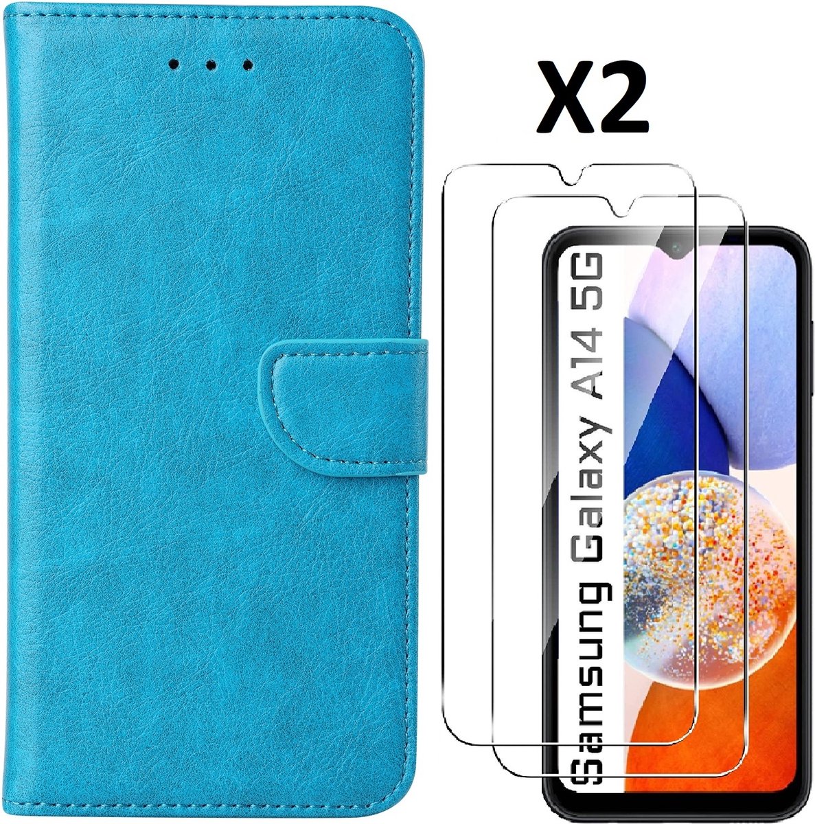 Hoesje Geschikt Voor Samsung Galaxy A14 5G /4G Hoesje met Pasjeshouder - bookcase Portemonnee – Met 2x Screenprotector / gehard glas – Blauw