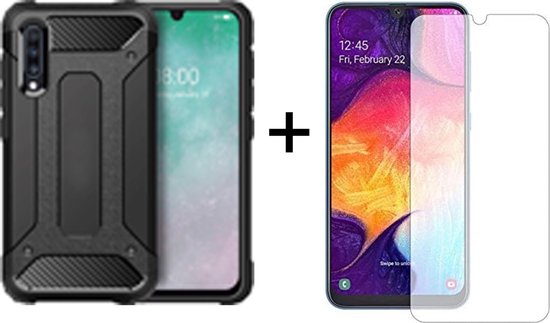 Ntech Hoesje Geschikt Voor Samsung Galaxy A50 hoesje - Met Screenprotector Rugged Armor Hoesje - Shockproof case - Zwart