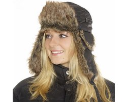 Bontmuts polyester zwart met bruin kunstbont
