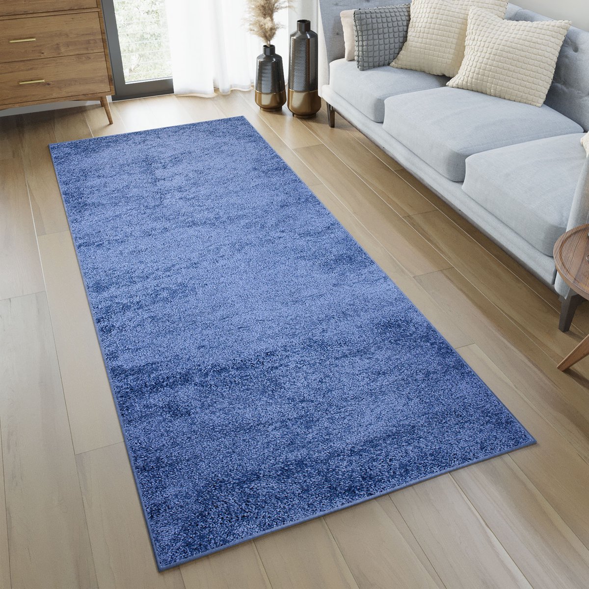 Tapiso Delhi Vloerkleed Loper Blauw Effen Tapijt Maat- 80x300 Blauw 1
