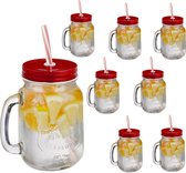 Relaxdays drinkglazen - deksel & rietje - set van 8 - limonadeglazen - transparant/rood