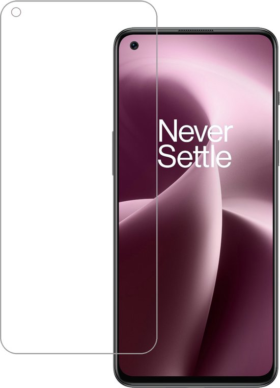 Schermprotector voor OnePlus Nord 2T, met 'Never Settle' logo.