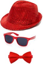 Toppers in concert - Folat - Verkleedkleding set rood - Glitter hoed/strikje/party bril