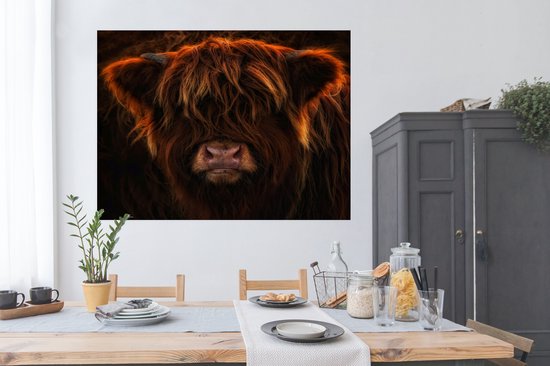 Vue de face en gros plan d'un Poster écossais Highlander 160x120 cm - Tirage photo sur Poster (décoration murale salon / chambre) / Poster Animaux sauvages XXL / Groot format!