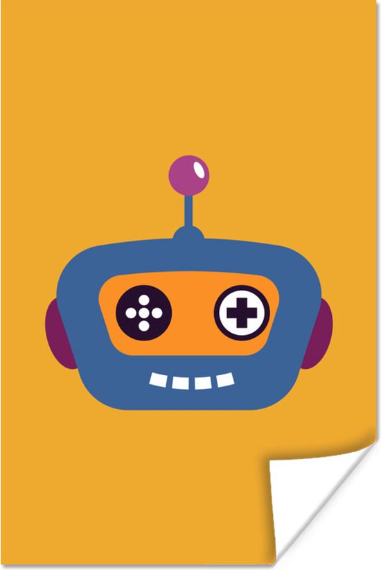 Poster Robot met een grappige grijs op zijn gezicht oranje achtergrond