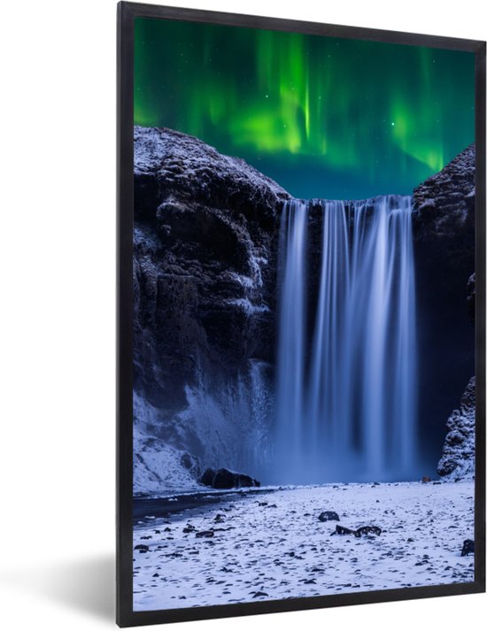Fotolijst incl. Poster - Noorderlicht - Waterval - Sneeuw - IJsland - 20x30 cm - Posterlijst