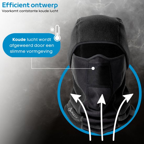Zwarte fleece bivakmuts met mesh panelen. "Efficiënt ontwerp". "Koude lucht wordt afgeweerd door een slimme vormgeving".
