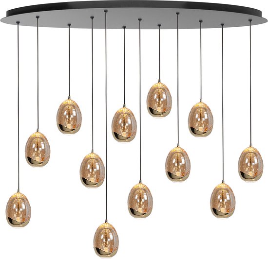 Sierlijke ovale eettafellamp Golden egg | 12 lichts | Ø 9,5 cm | glas / metaal | goud / zwart / transparant | hanglamp | sfeervol / warm licht | modern / landelijk design