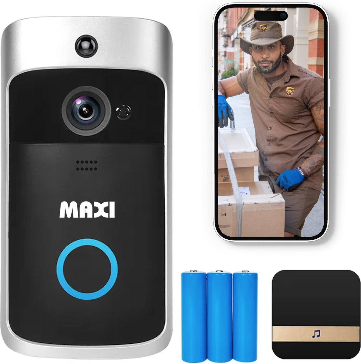 Maxi Video Deurbel – Draadloze deurbel met HD Camera – Draadloos wifi – Inclusief Chime - Deurbeldrukker - Volledige Deurbelset