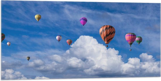 WallClassics - Vlag - Groepje Gekleurde Luchtballonnen bij Wolken in Blauwe Lucht - 100x50 cm Foto op Polyester Vlag