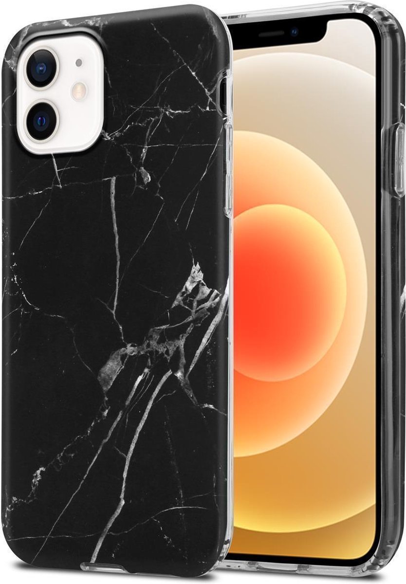 Cadorabo Hoesje voor Apple iPhone 12 / 12 PRO in Zwart Wit Marmer No. 22 - Beschermende hoes gemaakt van TPU siliconen met mozaïek motief