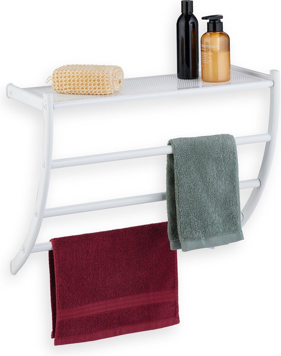 Relaxdays handdoekrek muur - 3 stangen - wand handdoekhouder badkamer - met plank - metaal
