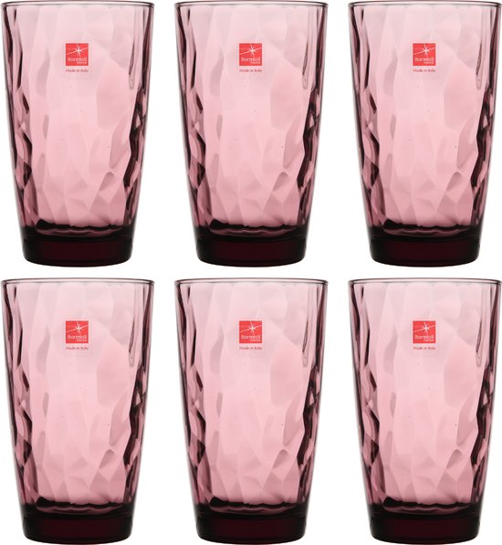 Set van zes paarse Bormioli Rocco Diamond longdrinkglazen met logo en facetgeslepen patroon.
