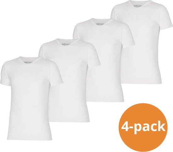 Vier witte bamboe T-shirts met V-hals, een 4-pack.