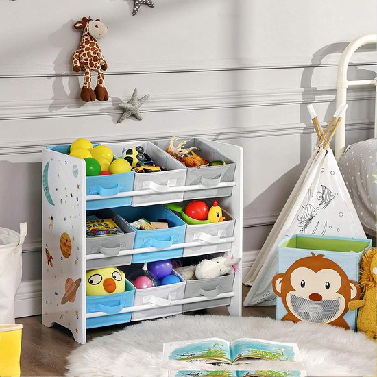 kinderkamerplank - speelgoed organizer - boekenkast voor kinderen - Met 9 opbergdozen - Van fleece - kinderkamer - Wit / Blauw