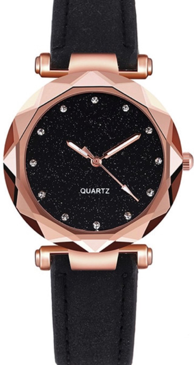Hidzo Horloge Quartz Ø 38 - Zwart-Rose - In Horlogedoosje