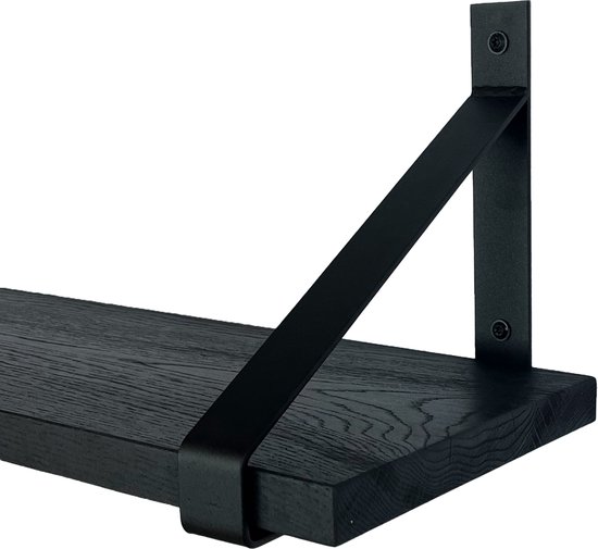 GoudmetHout Massief Eiken Wandplank - 80x25 cm - Zwart eiken - Industriële plankdragers - mat zwart - Staal - Zwarte wandplank
