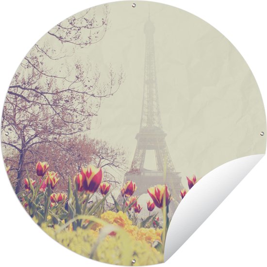 Tuincirkel Eiffeltoren - Parijs - Bloemen - 120x120 cm - Ronde Tuinposter - Buiten XXL / Groot formaat!