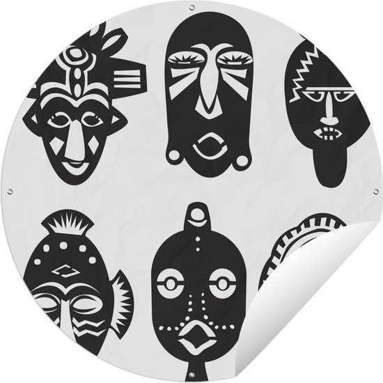 Tuincirkel Zwart-wit tekening van Afrikaanse maskers - Ronde Tuinposter - Buiten