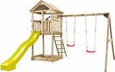 Houten Speeltoestel Daan (SwingKing) | Speeltoren met Glijbaan en Dubbele Schommel voor Buiten in de Tuin | FSC Hout - Glijbaan Geel