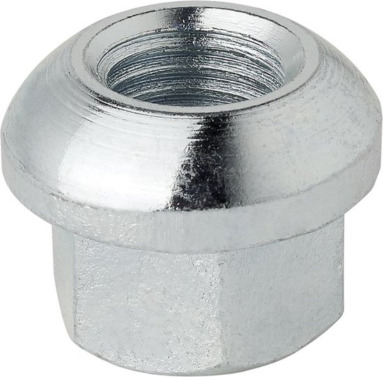 Zilverkleurige wielmoer met een conische bolvormige onderkant en een zeskantige kop.