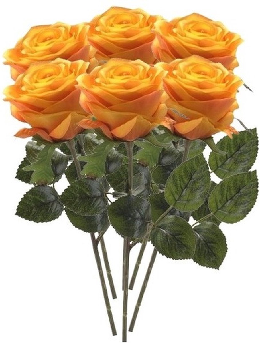 Bellatio Flowers & Plants Emerald Kunstbloem roos Simone - 6x - geel/oranje - 45 cm - decoratie bloemen