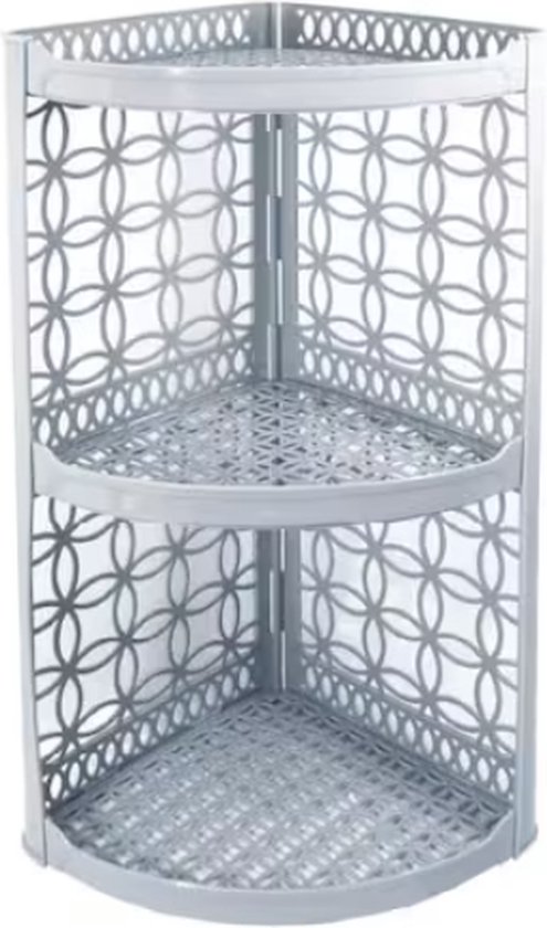 Relaxdays doucherek hoek, 2 etages, 2 haken, wandmontage, HxBxD: 39 x 30 x 23 cm, aluminium, shampoo rekje, zilver
