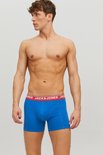 Blauwe boxershorts met rode en witte band met 'JACK & JONES' logo, gedragen door een man.